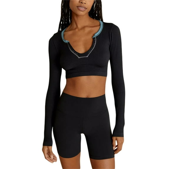 Argulvti Women Long Sleeve Shirt Casual Contrast Color Ribbed Pullover Crop Tops Streetwear Clubwear
