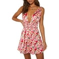 thumbnail image 1 of Argulvti Women Mini Dress Sleeveless V Neck Backless Flower Print Summer Dress, 1 of 7