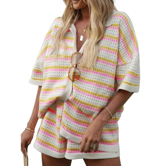 Argulvti Women Pajamas Set 2 Pieces Loungewear Suits Viscose Stripe Contrast Color Button Crochet Knit Tops and Shorts Lounge Sets