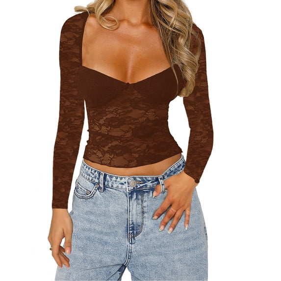 Argulvti Women T-shirt, Long Sleeve V-neck See-through Lace Tops Slim Sheer T-shirt Clubwear