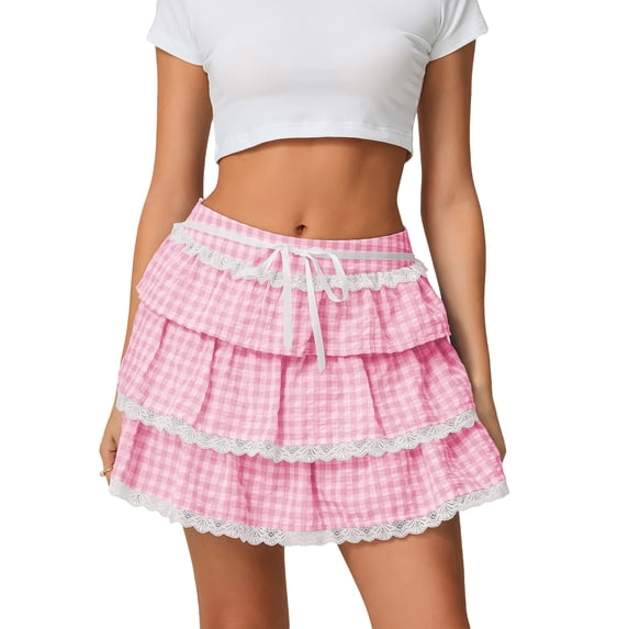 Argulvti Women's Plaid Print Mini Skirts Tie-up Waist A-Line Skirts Swing Layered Ruffle Skirts