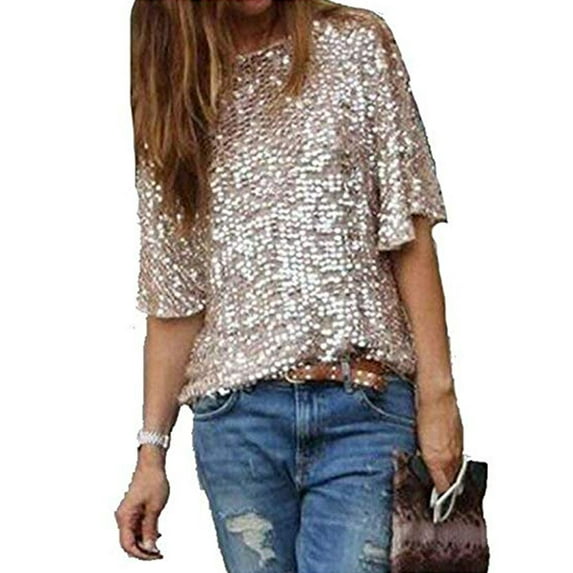 Argulvti Women's Summer Casual Glistening Sequin Crew Neck Shirt Tops Party