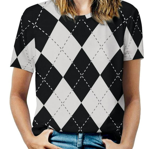 Argyle Diamond Pattern Womens Tops Women's Fashion Casual Short Sleeve Flower Print Round Neck Pullover Top Blouse