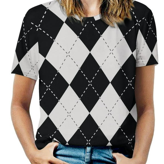 Argyle Diamond Pattern Womens Tops Women's Fashion Casual Short Sleeve Flower Print Round Neck Pullover Top Blouse