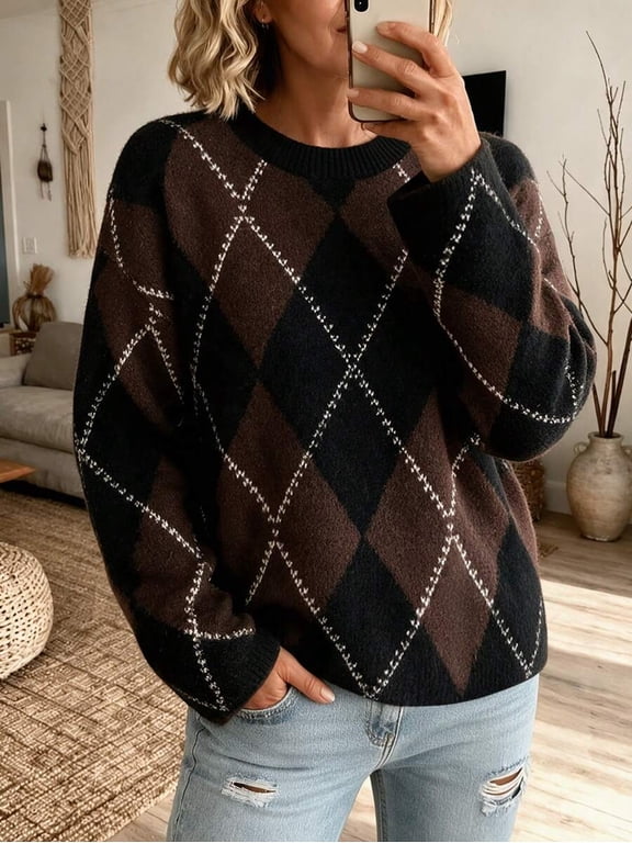 Argyle Diamond Plaid Crew Neck Long Sleeve Knit Sweater Women Fall Winter Elegant Casual Party Pullover Top