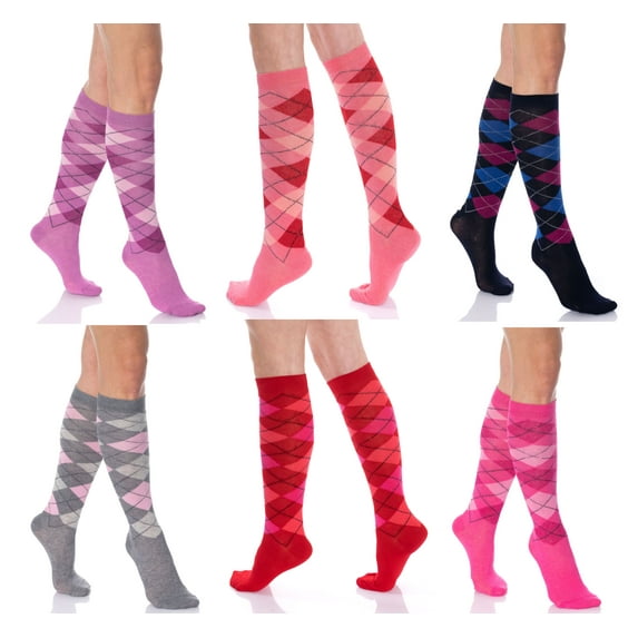 Argyle Knee High Socks for Women Colorful 6 PAIRS Over the Calf Socks