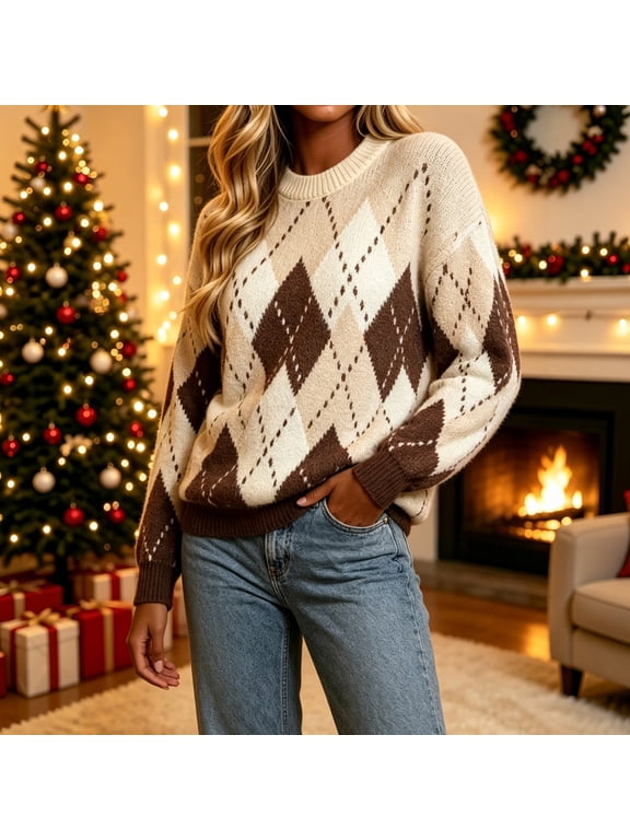 Argyle Pattern Sweaters For Women Crew Neck Long Sleeve Pullover Drop Shoulder Loose Knit Tops