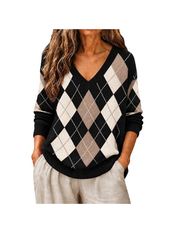 Argyle V Neck Pullover Women, Diamond Pattern Sweater Women, V Neck Diamond Layer Top, Soft Argyle Layer Women, Relaxed Diamond V Neck Women, Everyday Argyle Pullover Top, Classic Knit Layer Black