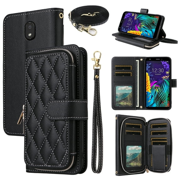 Argyle Wallet Case for LG Aristo 4/Astro 4+ Plus/Tribute Royal X320/Escape Plus/Journey LTE L322DL/K30 2019/Arena 2/X2/Prime 2 with Wrist Shoulder Strap, Flip Credit Stand Phone Cover for K 30 Black
