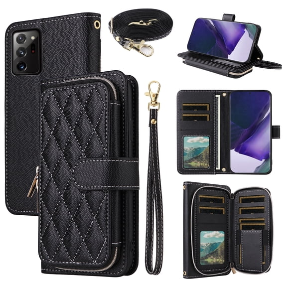Argyle Wallet Case for Samsung Galaxy Note 20 Ultra 5G with Wrist Shoulder Strap, Zipper Flip Credit Card Holder Cell Phone Cover for Note20 Plus Notes 20Ultra Note20+ U + 20+ Twenty Not S20 Black