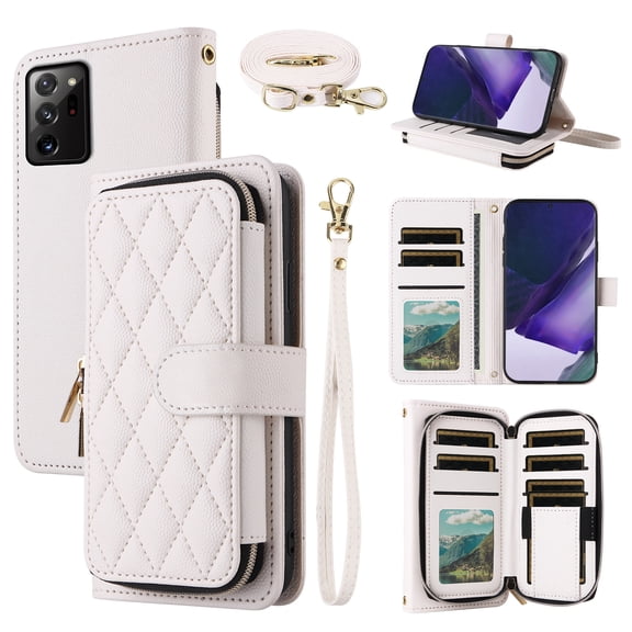 Argyle Wallet Case for Samsung Galaxy Note 20 Ultra 5G with Wrist Shoulder Strap, Zipper Flip Credit Card Holder Cell Phone Cover for Note20 Plus Notes 20Ultra Note20  U   20  Twenty Not S20 White
