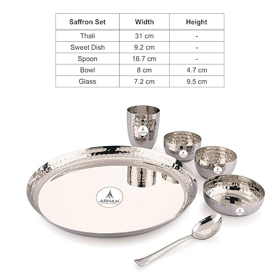 Arham Stainless Steel Hammered Dinner Set of 6 Pieces (1 Set)|Premium Saffron Thali Set | Dinner Set Combo | Long Lasting Dinner Set | 1 Thali, 2 Bowls, 1 Mini Sweet Dish Plate, 1 Glass and 1 Spoons