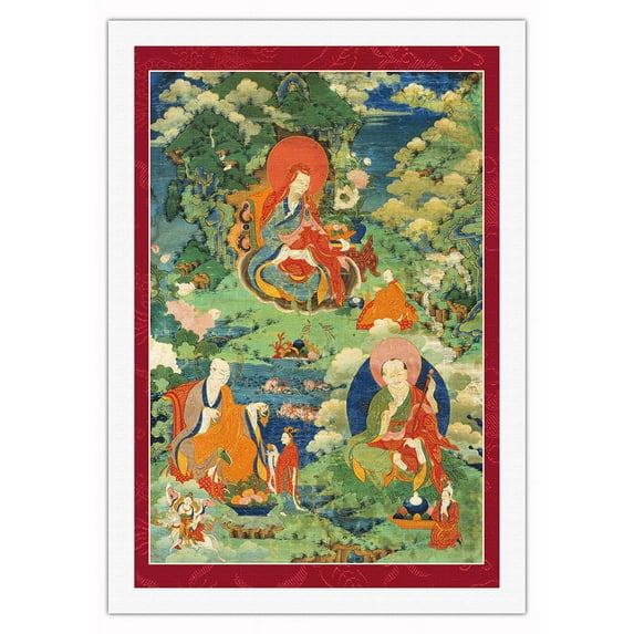Arhats Ajita Kalika and Vanavasin - Buddhist Elders - Vintage Tibetan Thangka Buddhist Painting - Tibet, 19th Century - Fine Art Rolled Canvas Print 27in x 40in