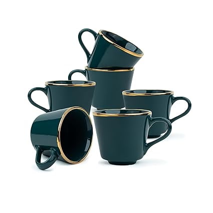 Arhsimvijar Ceramic Tea Cup Set, Set of 6, Green with Real Gold Line 180ml
