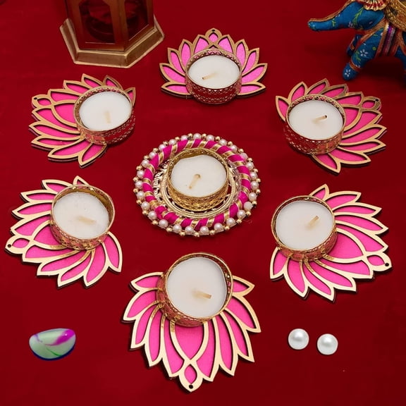 Arhsimvijar Handmade 7 Pc Pink Lotus Chudi Diya Rangoli Candles With Wax