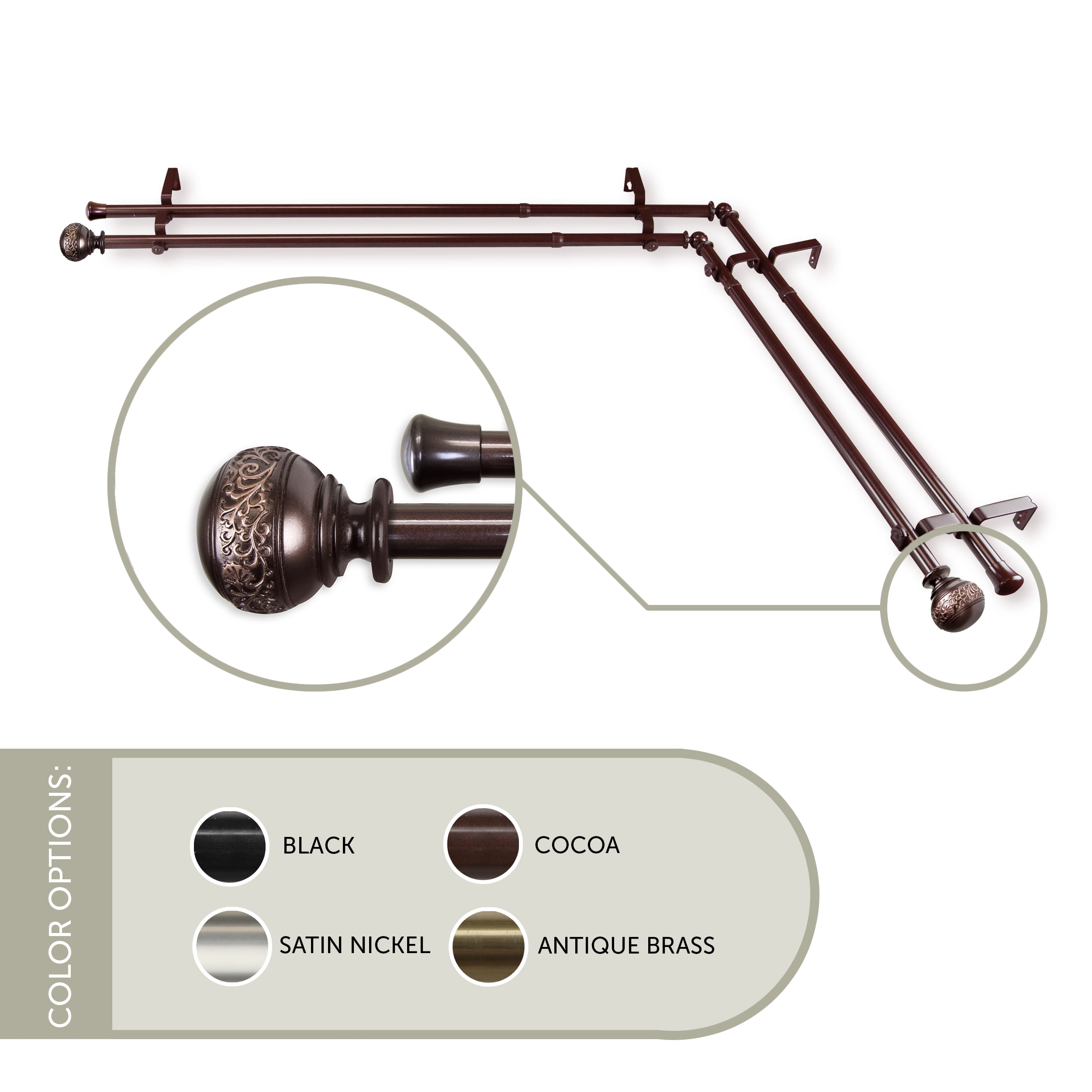 Ari 13/16 inch Corner Window Double Curtain Rod 28-48" - Cocoa