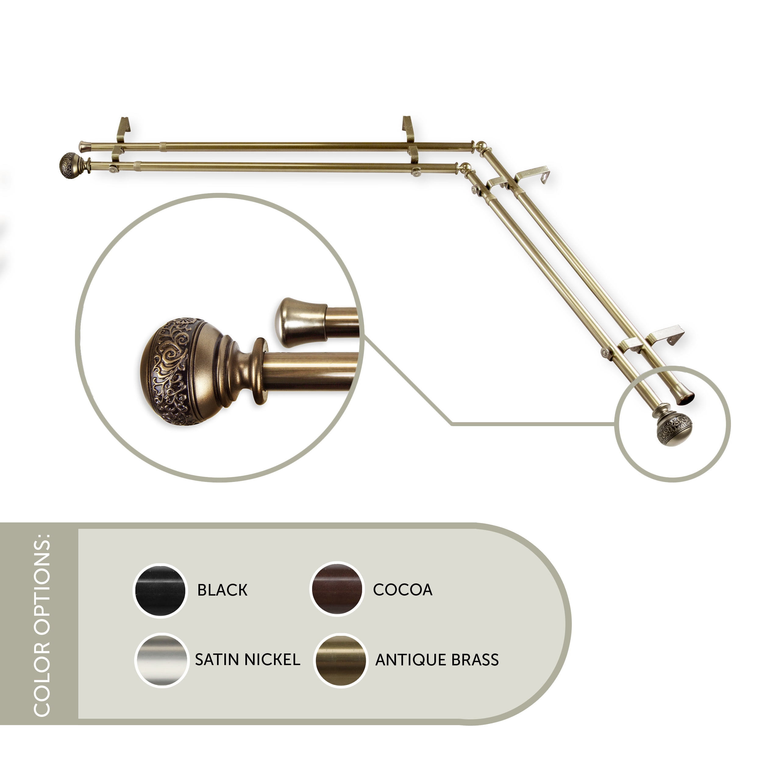 Ari 13/16 inch Corner Window Double Curtain Rod 66-120" - Antique Brass