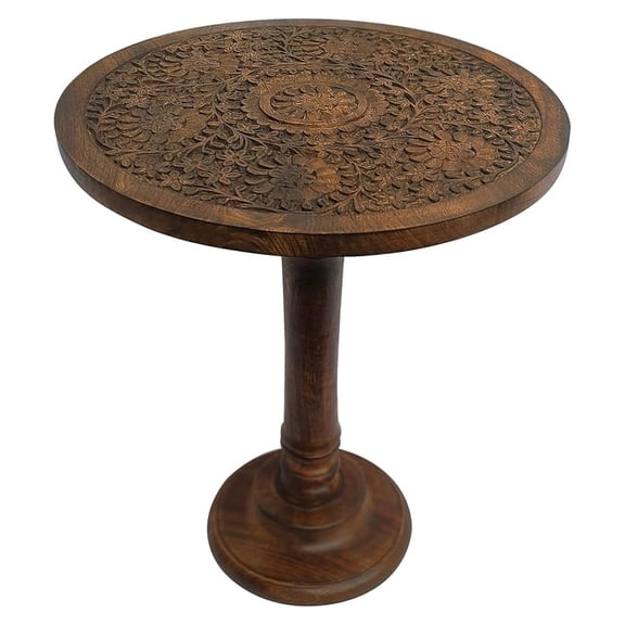 Ari 22 Inch Side End Table, Round Top, Hand Carved Indian Mandala Boho Accent, Brown Wood