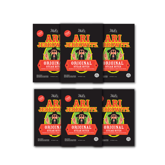 Ari Jerkowitz Original Steak Bites by Walt's Hitching Post Tender Cuts of Smoked & Dried Round Steak Beef Jerky 3 oz Bag - 6 Bags