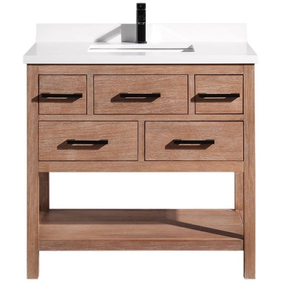 Ari Kitchen & Bath Betty 36" Solid Wood Bathroom Vanity, Weathered Brown, Quartz Countertop
