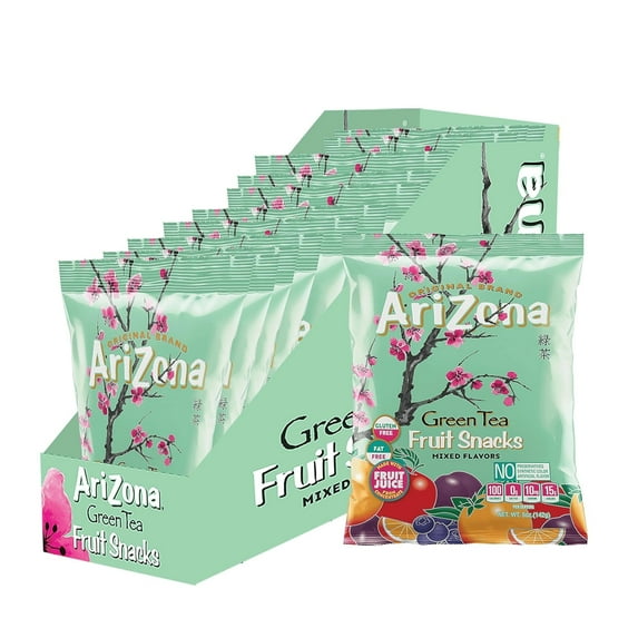 AriZona Green Tea Fruit Snacks, MDA05 Gluten Free Mixed Fruit Gummy Chews 5 Ounce Individual Single Serve Bags, Green Tea,(Pack of 12)