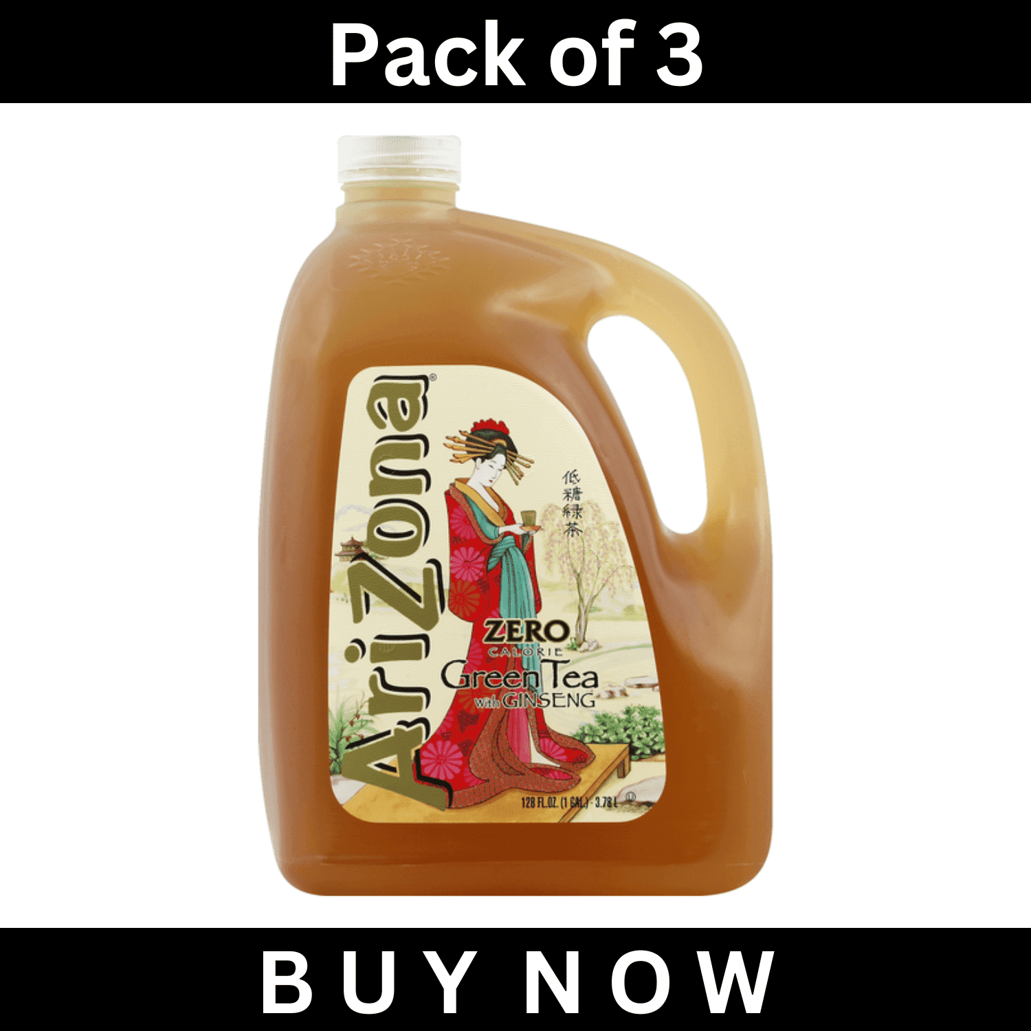 AriZona Green Tea Zero Calorie with Ginseng – 128 fl oz Bottles, Pack of 3