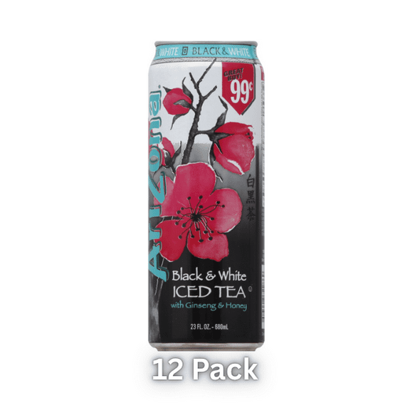 AriZona Iced Tea, Black & White with Ginseng & Honey, 23 fl oz Cans, 12 Pack