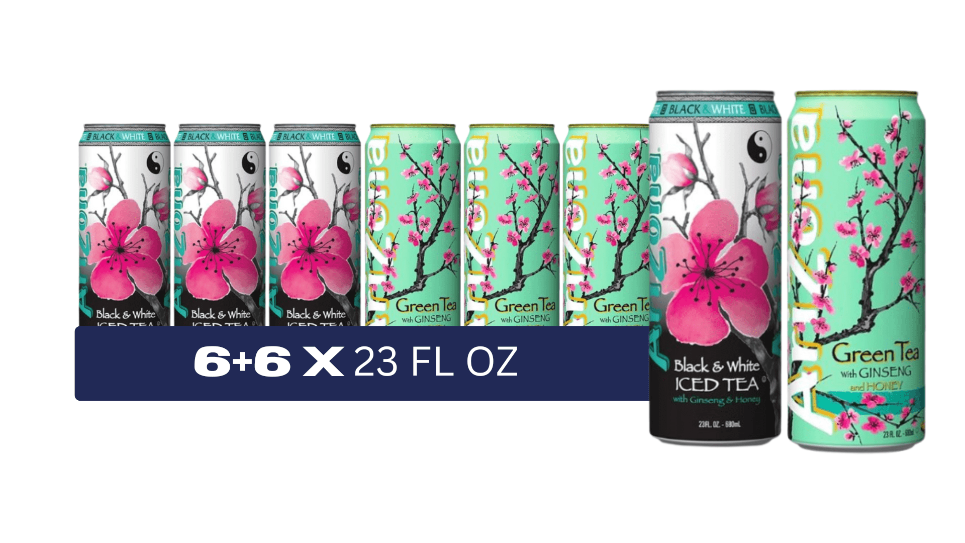 AriZona Iced Tea Variety Pack, Black & White Tea + Green Tea with Ginseng & Honey, 22 fl oz Cans, 12 Cans Total