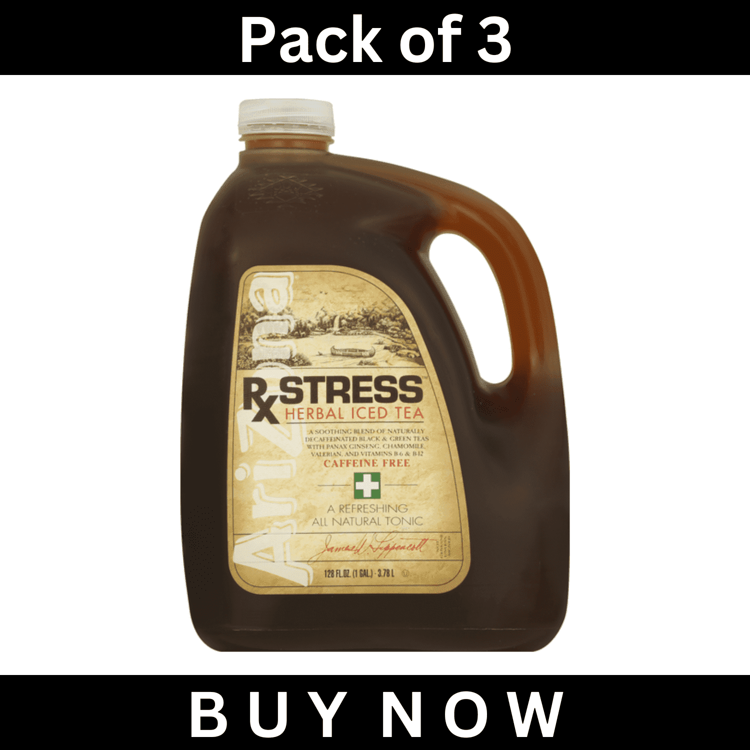 AriZona Rx Stress Herbal Iced Tea – Caffeine Free, 128 fl oz Bottles, Pack of 3