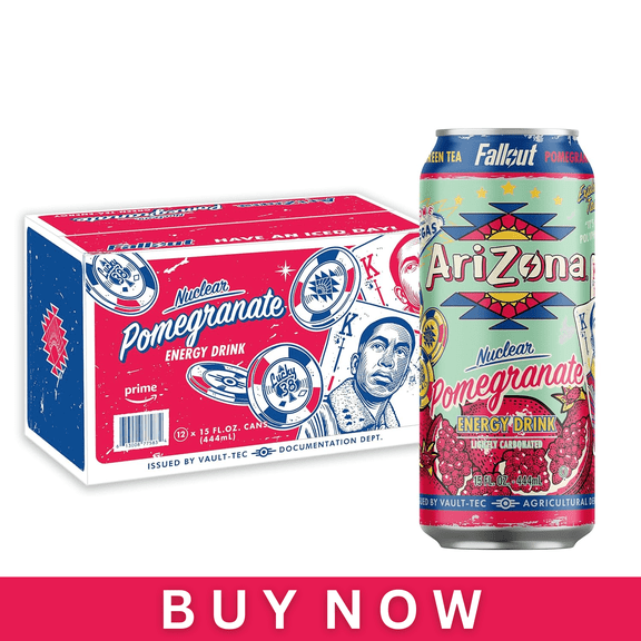 AriZona x Fallout Pomegranate Green Tea Energy Drink 15 fl oz, 12Pack, 190mg Caffeine