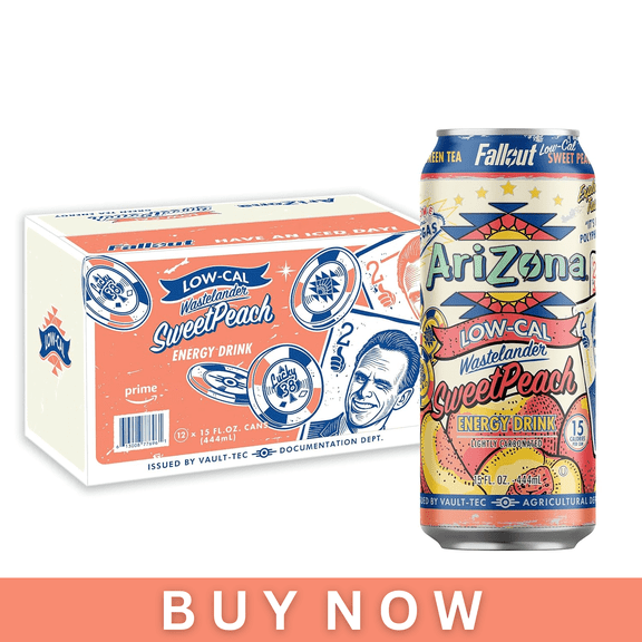 AriZona x Fallout Sweet Peach Green Tea Energy Drink Low Calorie, 15 fl oz, 24 Pack, 190mg Caffeine