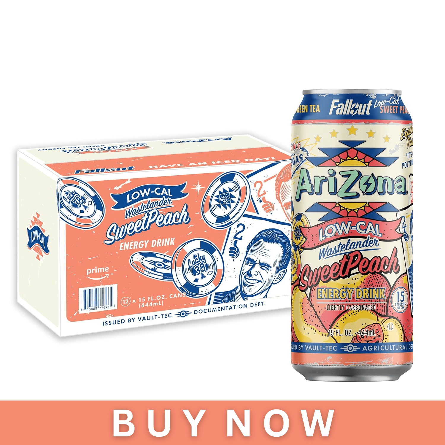 AriZona x Fallout Sweet Peach Green Tea Energy Drink Low Calorie, 15 fl oz, 12 Pack, 190mg Caffeine
