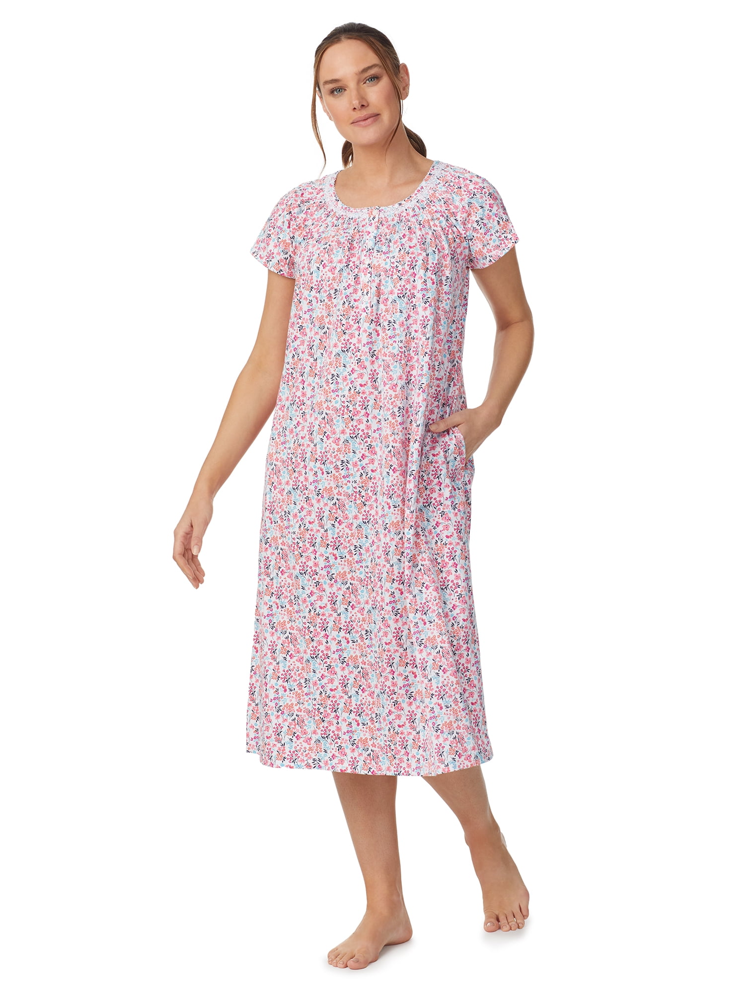 Aria 100 Cotton Cap Sleeve Long 46" Nightgown with pockets, Women's