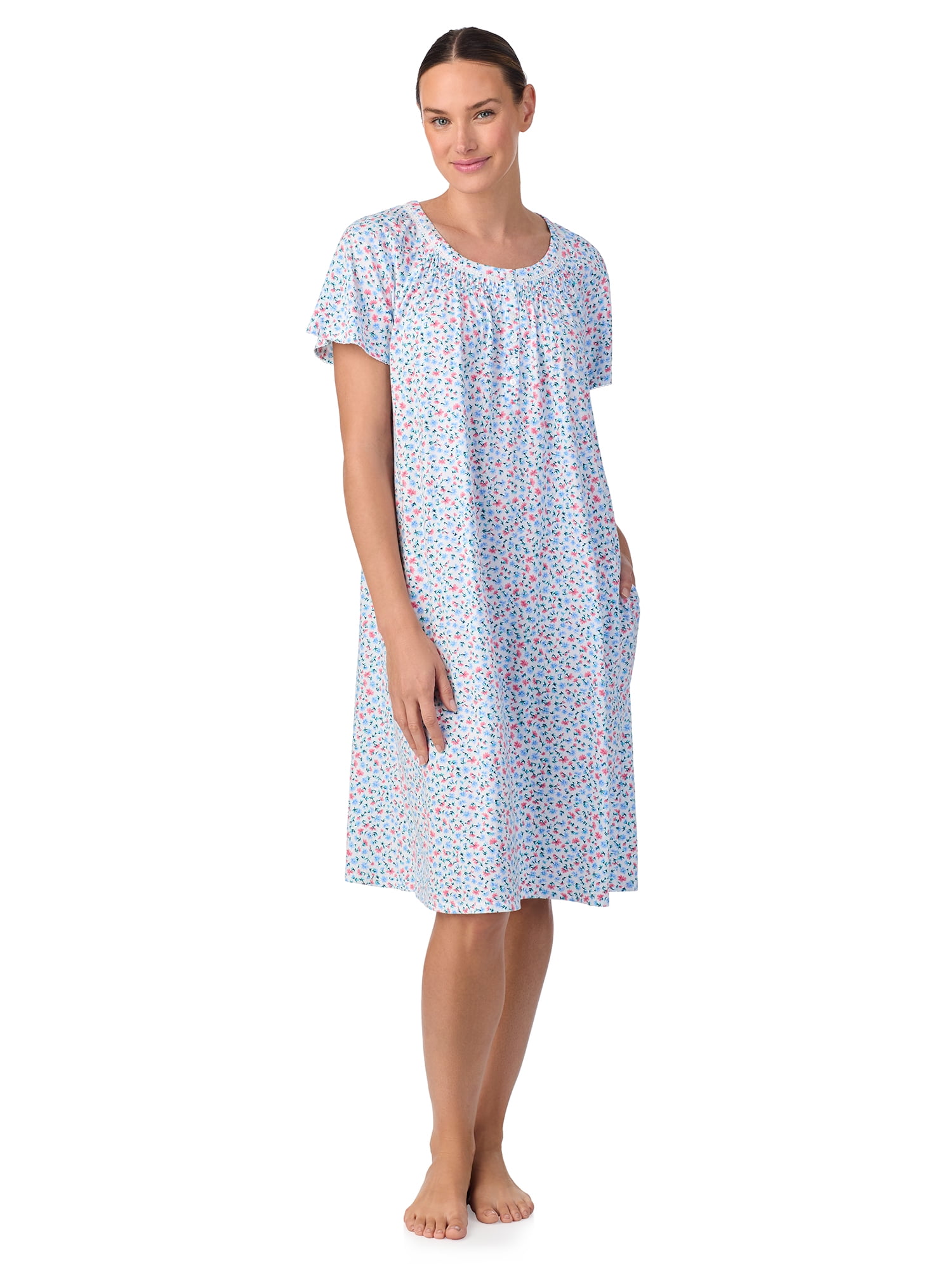 Aria Women's 100% Cotton Raglan Sleeve Smocked Neck Sleepwear 40" Gown, Sizes XS-5X