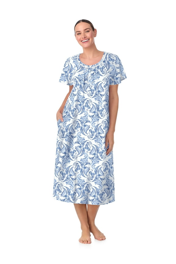 Women's 100% Cotton Raglan Sleeve Smocked Neck Sleepwear 46" Gown, Sizes XS-5X