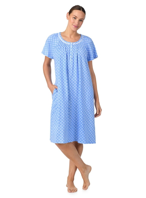 Aria 100% Cotton Raglan Sleeve Smocked Neck Sleepwear Gown, Sizes XS-5X