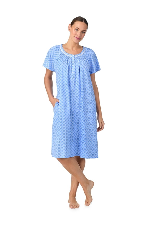 Women's 100% Cotton Raglan Sleeve Smocked Neck Sleepwear 40" Gown, Sizes XS-5X