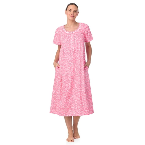 Aria Women's 100% Cotton Raglan Sleeve Smocked Neck Sleepwear 46" Gown, Sizes XS-5X