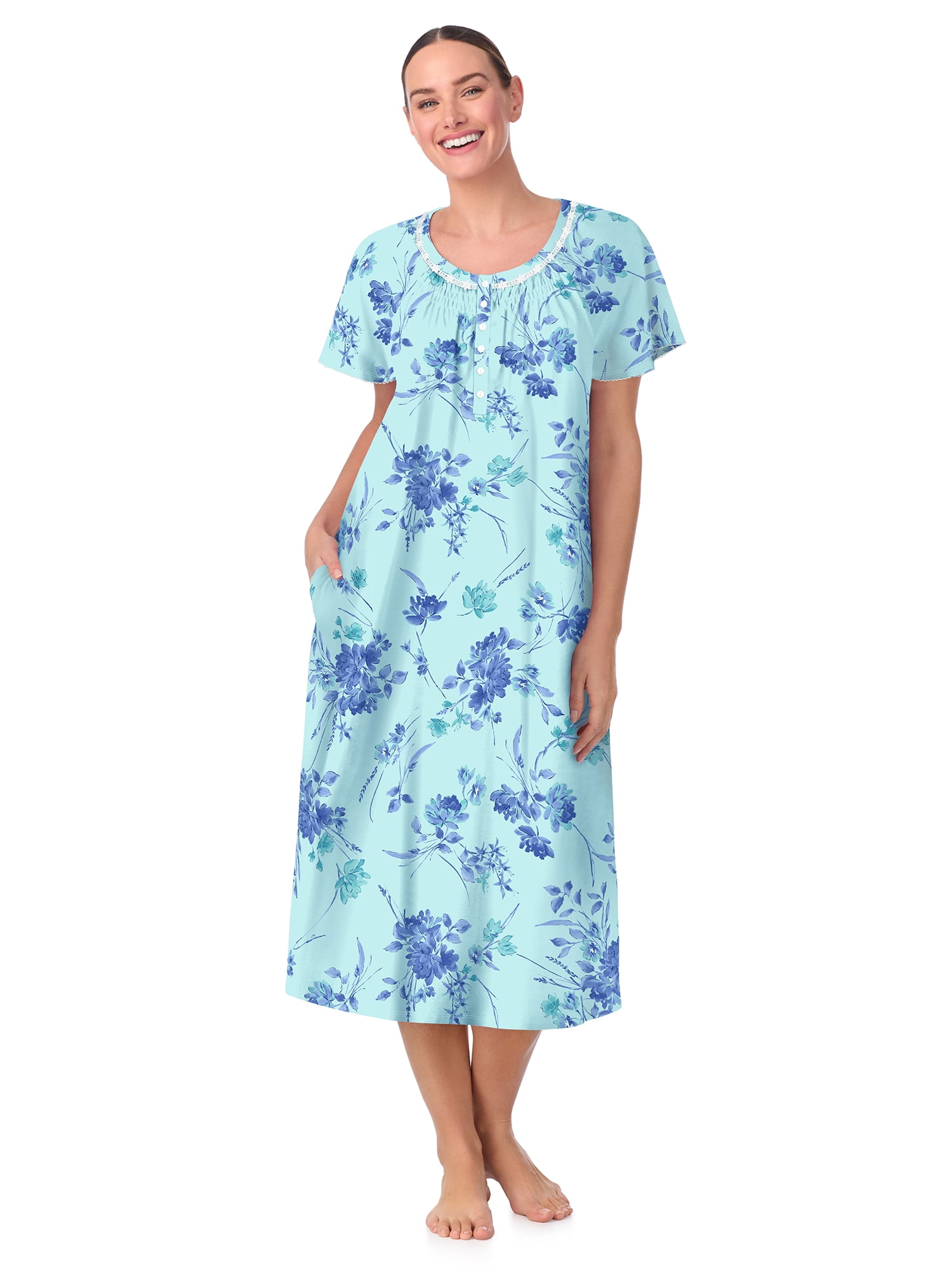 Women's  100% Cotton Raglan Sleeve Smocked Neck Sleepwear 46" Gown, Sizes XS-5X