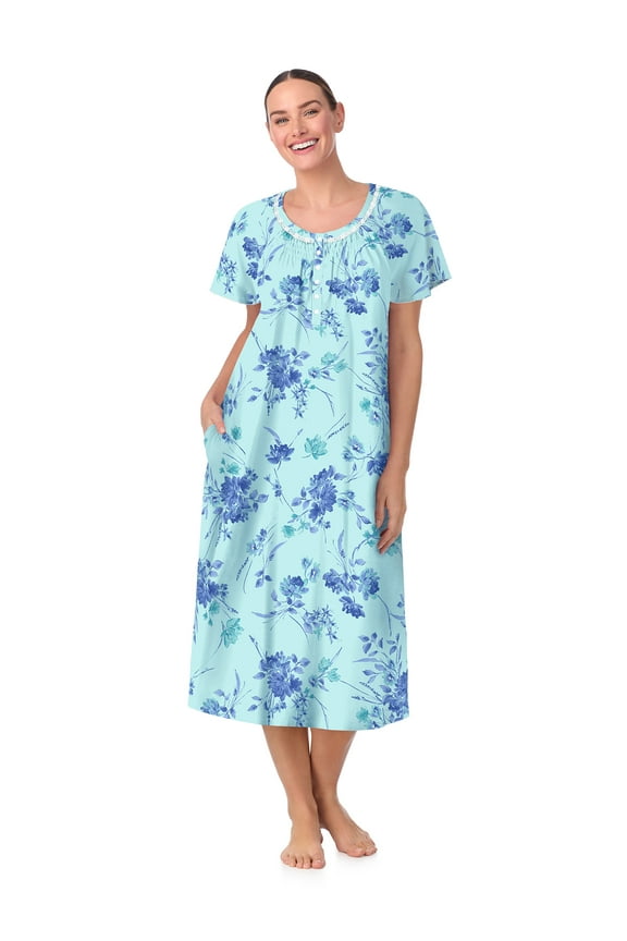 Women's 100% Cotton Raglan Sleeve Smocked Neck Sleepwear 46" Gown, Sizes XS-5X