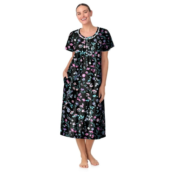 Aria Women's 100% Cotton Raglan Sleeve Smocked Neck Sleepwear 46" Gown, Sizes XS-5X