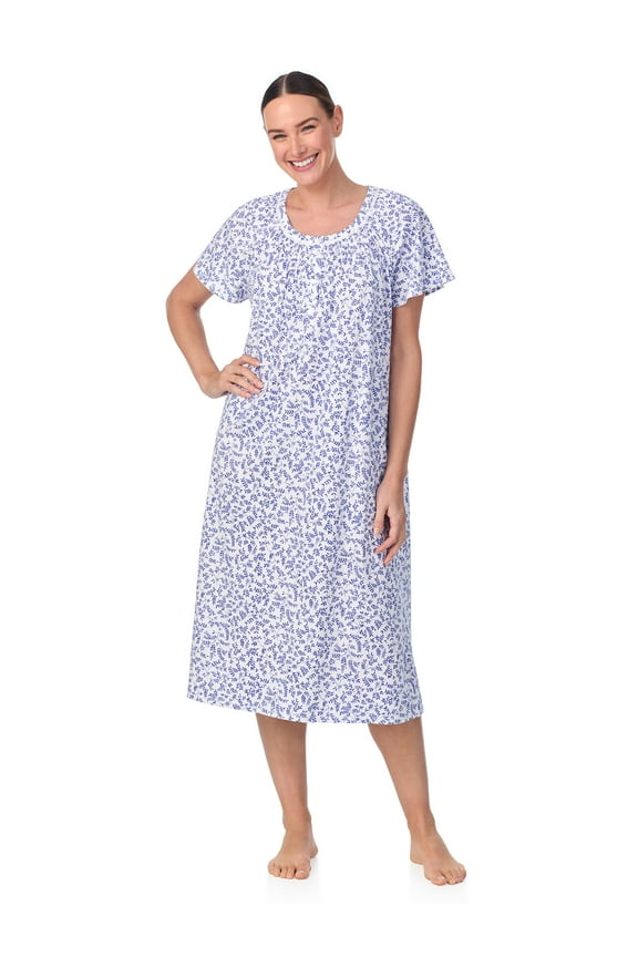 Women's  100% Cotton Raglan Sleeve Smocked Neck Sleepwear 46" Gown, Sizes XS-5X