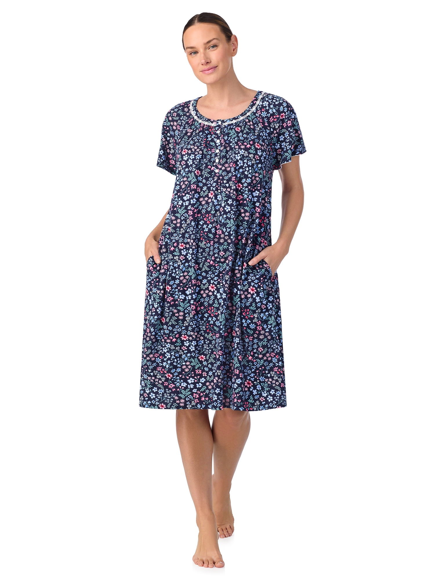 Aria Women's 100% Cotton Raglan Sleeve Smocked Neck Sleepwear 40" Gown, Sizes XS-5X
