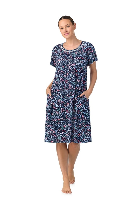 Women's 100% Cotton Raglan Sleeve Smocked Neck Sleepwear 40" Gown, Sizes XS-5X