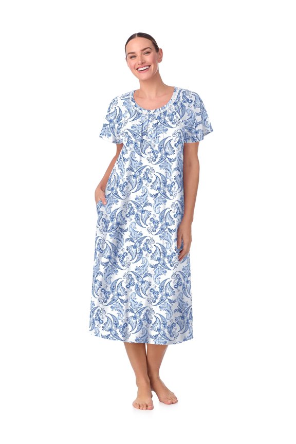 Women's 100% Cotton Raglan Sleeve Smocked Neck Sleepwear 46" Gown, Sizes XS-5X