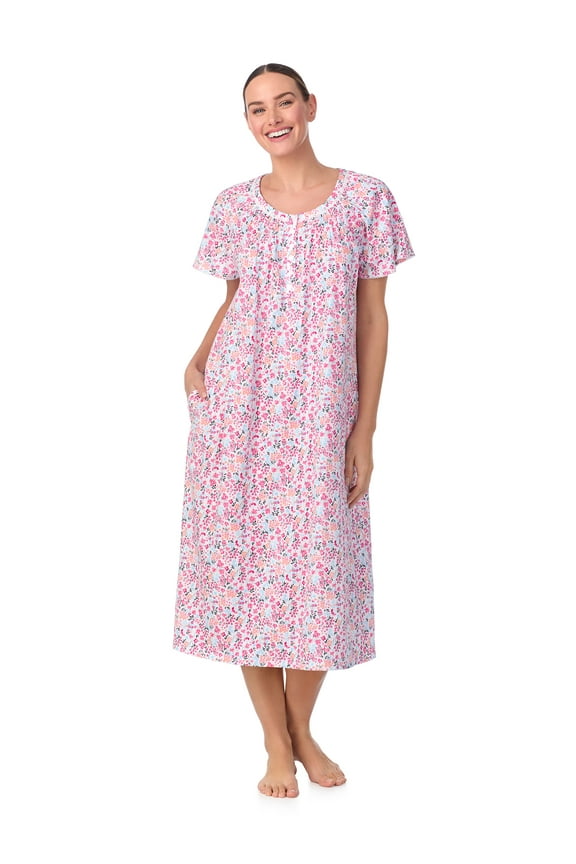 Women's  100% Cotton Raglan Sleeve Smocked Neck Sleepwear 46" Gown, Sizes XS-5X