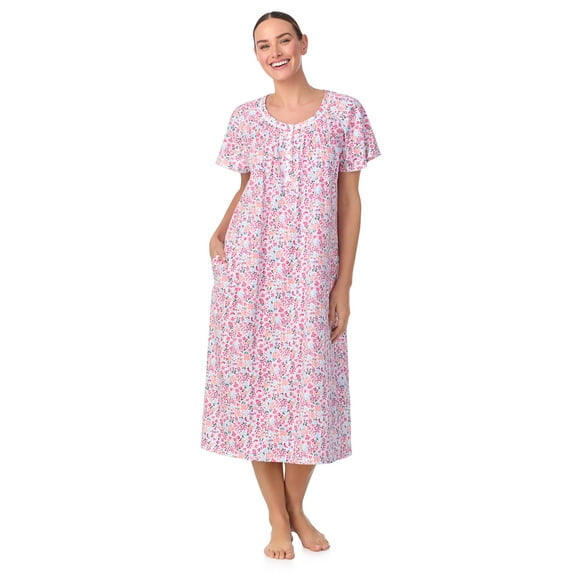 Aria Women's 100% Cotton Raglan Sleeve Smocked Neck Sleepwear 46" Gown, Sizes XS-5X