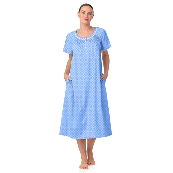 Aria Women's 100% Cotton Raglan Sleeve Smocked Neck Sleepwear 46" Gown, Sizes XS-5X
