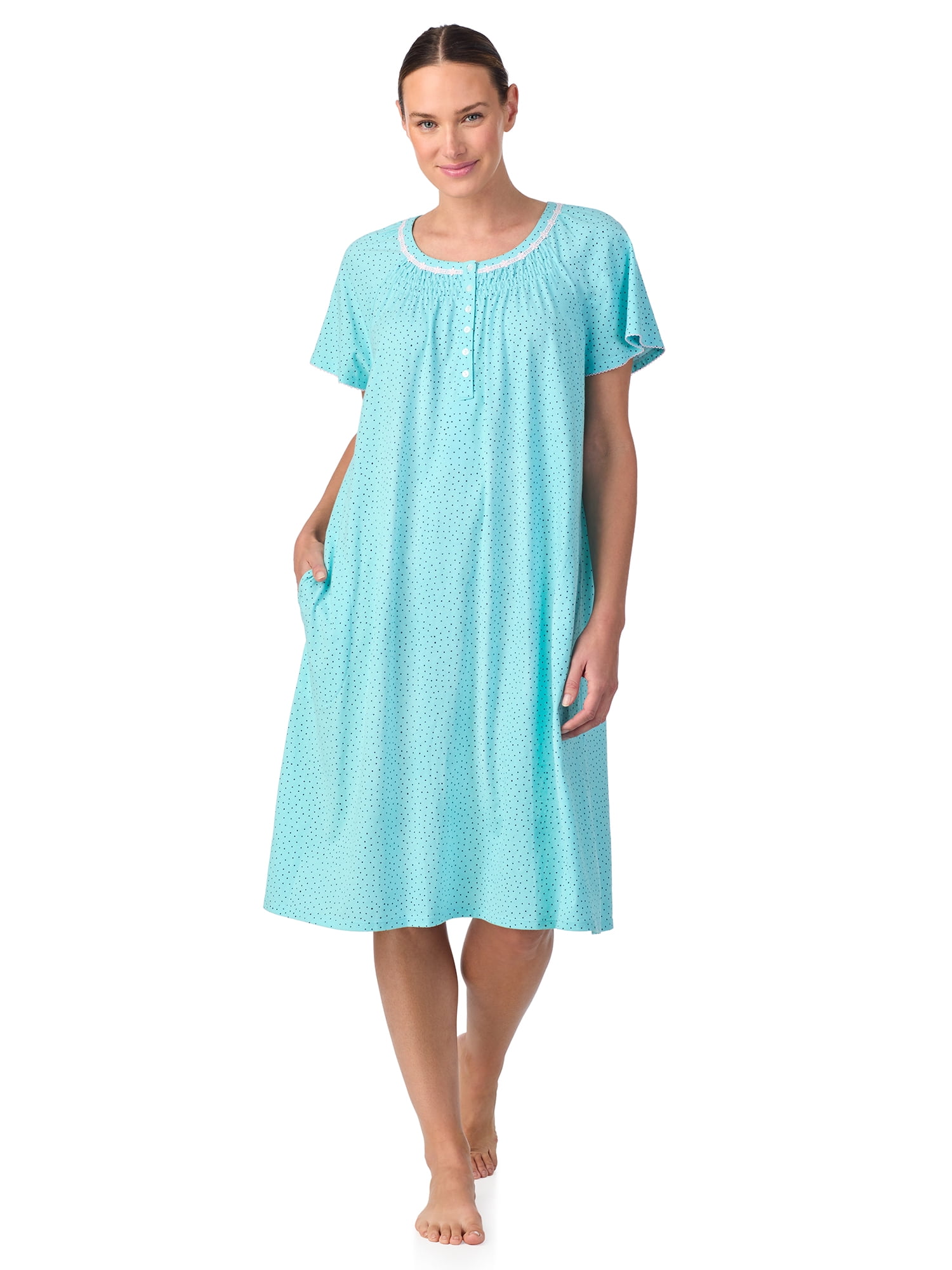Aria Women's 100% Cotton Raglan Sleeve Smocked Neck Sleepwear 40" Gown, Sizes XS-5X