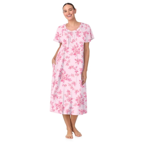 Aria Women's  100% Cotton Raglan Sleeve Smocked Neck Sleepwear 46" Gown, Sizes XS-5X